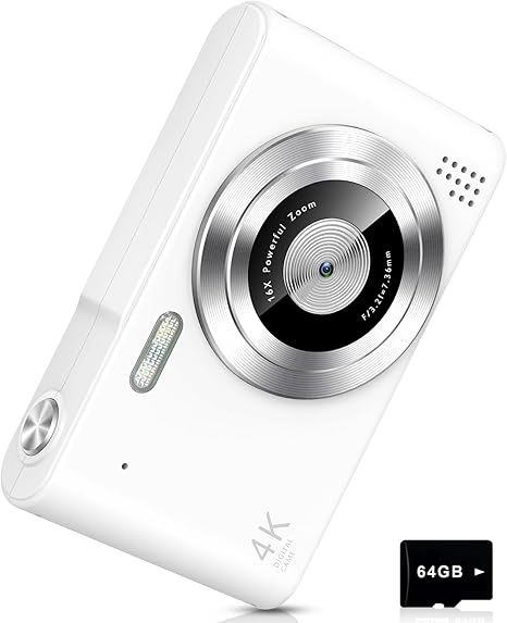 Digital Camera, UHD 4K Kids Camera, 48MP Point and Shoot Digital Cameras 16X Digital Zoom Anti Shake, Compact Portable Small Gift Camera for Kids Boys Girls Students, White