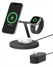 Load image into Gallery viewer, Belkin MagSafe-Compatible Charger, 3-in-1 Wireless Charging Station, Qi2-Certified 15W Wireless Charger for Apple iPhone 16 Series, Apple Watch, AirPods w/Non-Slip Base, 40W Charger Included - Black
