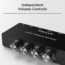 Load image into Gallery viewer, Cubilux 4-Channel 6.35 Headphone Amplifier Aluminum Audio Amp,Ultra-Low Noise Mini Earphone Splitter for Music Sharing/Monitoring, 1/4 &quot;TRS Headphone Output and TRS Audio Input-DC 5V Power Supply
