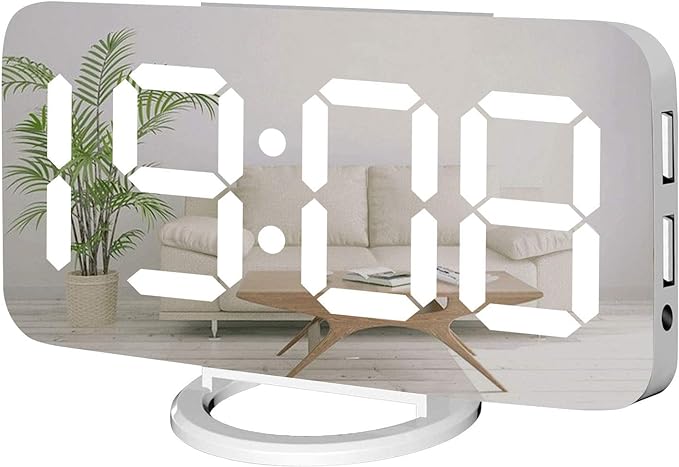 Miowachi Digital Alarm Clock,Large Mirrored LED Clock,Snooze,Dim Night Light 2 USB Charger Ports Desk Alarm Clocks for Bedroom Decor (White)