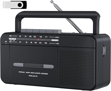 Cassette Tape Player Boombox, Audio Cassette to Digital Converter via USB, AM FM Radio Recorder, Record to Cassettes/U Disk, 6W Speaker and Earphone Jack, AC or Battery Powered,16GB USB