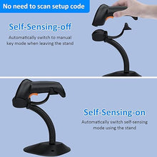 Load image into Gallery viewer, Symcode Bluetooth Wireless Barcode Scanner with Auto-Sensing Stand,Putting on Stand to Scan Automatically Sense Scanning 2D QR Bluetooth Barcode Scanner with Battery Level Indicator More-to-one Mode
