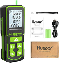 Load image into Gallery viewer, Huepar Professional Green Laser Measuring Tool 196ft, Digital Rechargeable Laser Distance Meter with Angle Sensor, 1/16in Accuracy, M/in/Ft Unit, Pythagorean Mode, Measure Distance, Area, Volume
