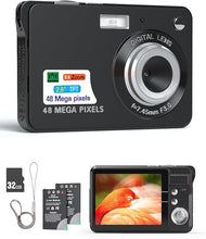 Load image into Gallery viewer, Andoer Digital Camera Compact: 4K 48MP,Auto Focus,16X Zoom,Anti-Shake, Face Detect,Smile Capture,Built-in Flash, with 2 Batteries and 32GB Card for Kids,Beginners- Black
