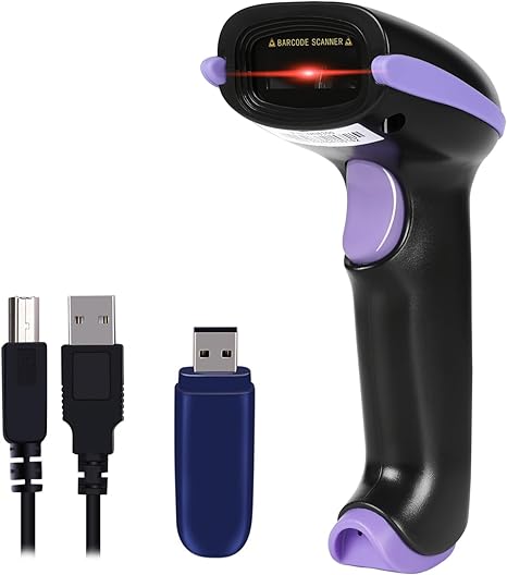 WoneNice Barcode Scanner Wireless 2-in-1 (2.4Ghz Wireless+USB 2.0 Wired) Handheld Bar Code Scanner Reader (Purple)