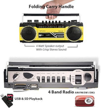 Load image into Gallery viewer, Riptunes Cassette Boombox, Retro Blueooth Boombox, Cassette Player and Recorder, AM/FM/SW-1-SW2 Radio-4-Band Radio, USB, and SD, Yellow
