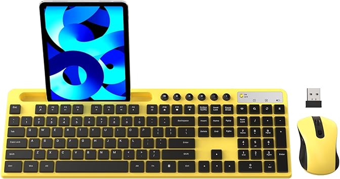 Wireless Keyboard and Mouse Combo, MARVO 2.4G Ergonomic Wireless Computer Keyboard with Phone Tablet Holder, Silent Mouse with 6 Button, Compatible with MacBook, Windows (Yellow)