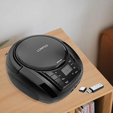 Load image into Gallery viewer, LONPOO Portable Boombox - CD Player, Bluetooth, USB, MP3, AUX, FM Radio, Portable, Built-in Stereo Speakers, Carrying Handle, LCD Display, Black
