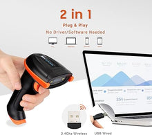 Load image into Gallery viewer, Tera Barcode Scanner Wireless 1D Laser Cordless Barcode Reader with Battery Level Indicator, Versatile 2 in 1 2.4Ghz Wireless and USB 2.0 Wired
