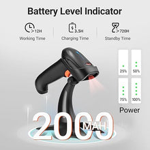 Load image into Gallery viewer, Tera Barcode Scanner Wireless 1D 2D QR with Stand: Battery Level Indicator 3 in 1 Works with Bluetooth 2.4G Wireless USB Wired Handheld Bar Code Reader with Vibration Alert HW0002 Black
