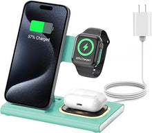 Load image into Gallery viewer, 3 in 1 Foldable Charging Station for Apple Products,Fast Wireless Charger Travel Dock Adapter&amp;Light for iPhone 15/14/13/12/11/X/XS/XR 8,for iWatch Ultra2/9/Ultra/8/7/6/SE,for Air Pods 3/2/Pro/2(Green)
