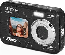 Load image into Gallery viewer, Minolta 48 Mega Pixels Underwater Digital Camera with Autofocus, 5K Video &amp; Dual LCD, Black
