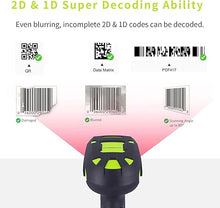 Load image into Gallery viewer, Symcode 2D Bluetooth Barcode Scanner with Wireless Charging Stand 1968 Feet Transmission Distance 433Mhz USB QR Automatic Barcode Scanner with Charging Base Shock Dust Proof Hands Free Green
