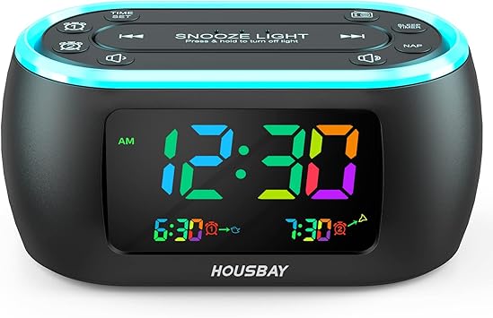 HOUSBAY 3 in 1 Alarm Clock for Bedrooms- Clock Radio & Night Light, Rainbow Digit, Dual Alarm, Small Radio Alarm Clock for Kids, Teens