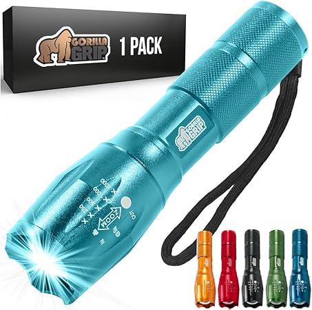 Gorilla Grip Powerful LED 750 FT Water Resistant 5 Adjustable Mode Tactical Flashlight, High Lumens Ultra Bright Zoom Flashlights, Stocking Stuffer Gift, Small Camping Car Mini Flash Light Turquoise