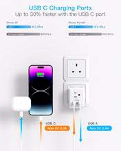 Load image into Gallery viewer, 2 Pack US to UK Ireland Travel Plug Adapter, Type G Power Plug Adapter with 3 Outlets 3 USB Ports(2 USB C), European Travel Plug Adapter for USA to England London Scotland British Qatar Irish HongKong

