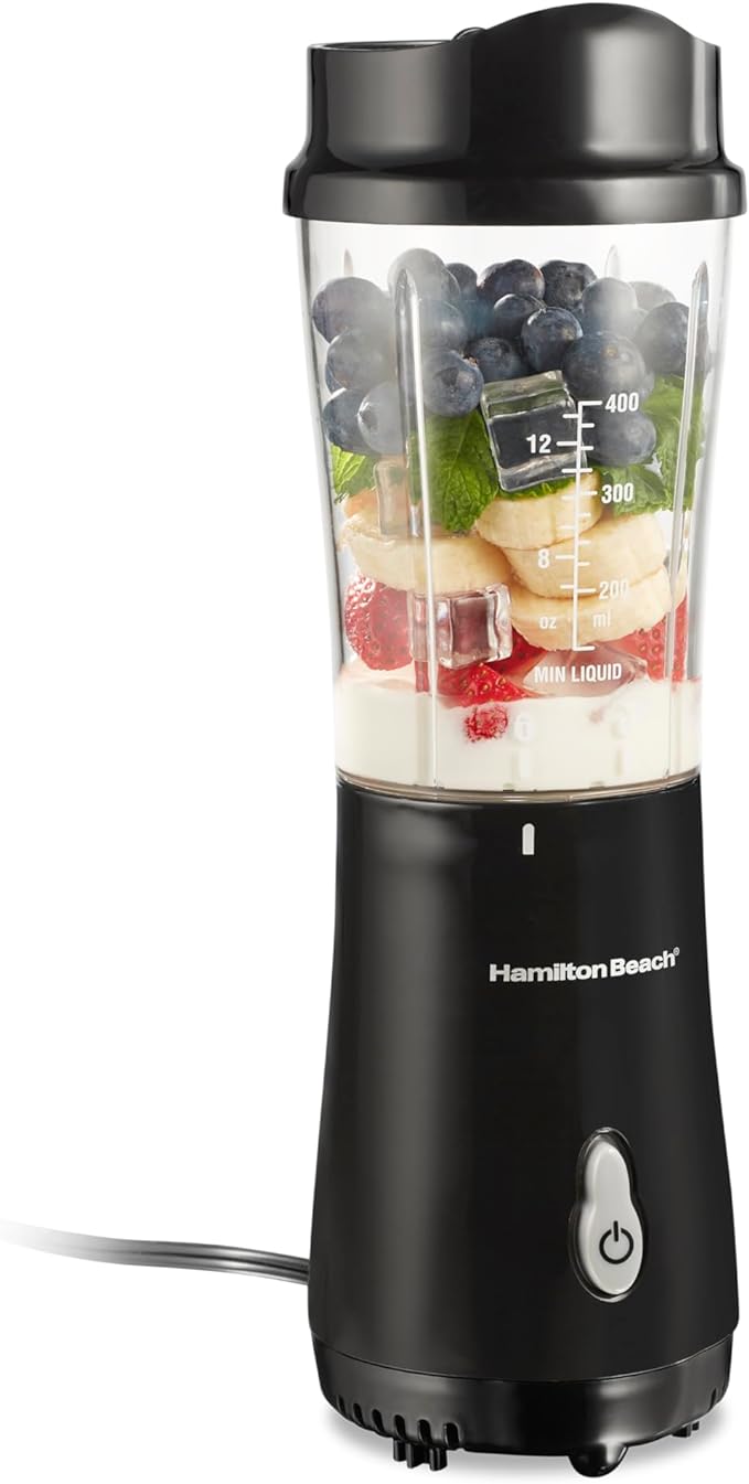 Hamilton Beach Portable Blender for Shakes and Smoothies with 14 Oz BPA Free Travel Cup and Lid, Durable Stainless Steel Blades for Powerful Blending Performance, Black (51101AV)