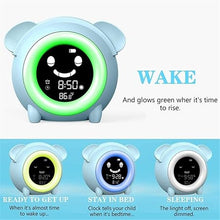 Load image into Gallery viewer, Kids Alarm Clock, Toddler Sleep Training Clock with Night Light, Sleep Sounds Machine, Nap Timer, Electric Bedside Desk Clock with USB Charging Port, Cute Kids Room Decor, Birthday
