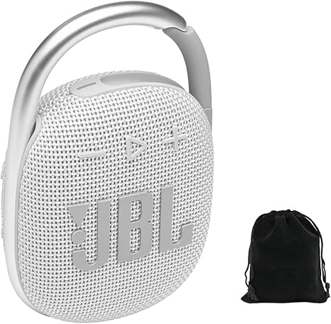 JBL Clip 4 Portable Bluetooth Speaker - White, IP67 Waterproof, Dustproof, 10 Hours Playtime, Integrated Carabiner, Ultra-Portable Design, Bold Style, Rich Pro Sound, Includes Pouch