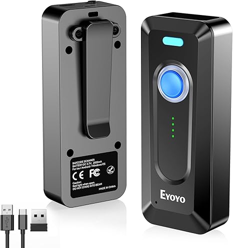 Eyoyo 2D Portable Bluetooth Barcode Scanner with Clip, 2000mAh Large Battery with Battery Level Indicator, 1D 2D QR Wireless Barcode Reader Compatible with iPhone, iPad, Android Phone