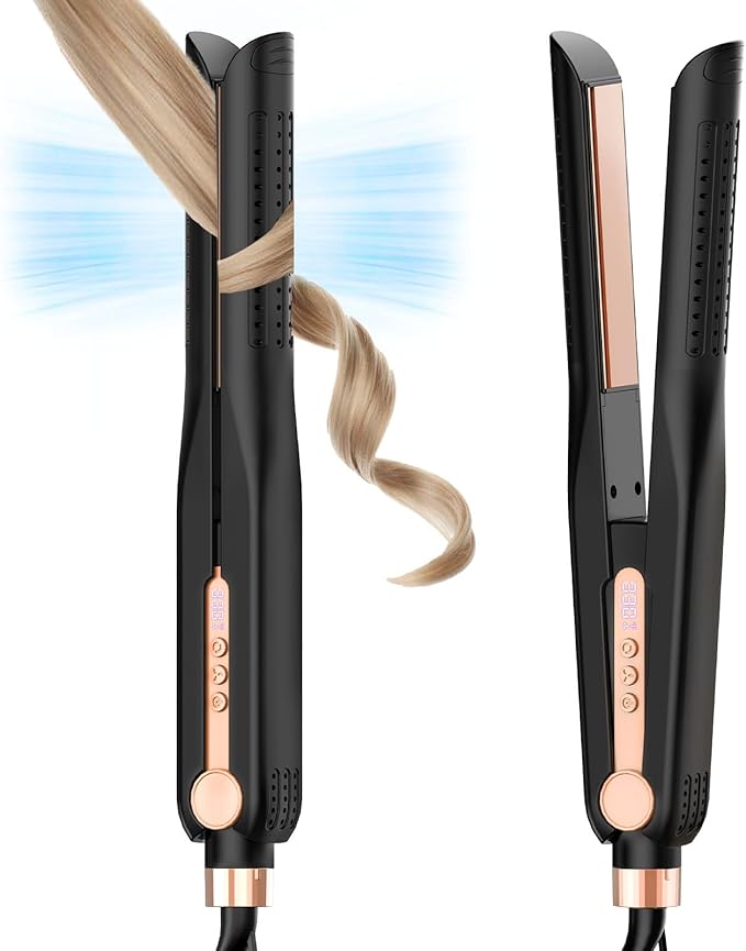 SKIMI Airflow Styler, Titanium Flat Iron Hair Straightener & Curler, Professional Curling Wand with Cooling Air Vents to Lock in Style, 5 Temps & Dual Voltage(Black & Blush Gold).