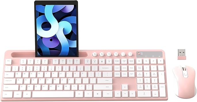 Wireless Keyboard and Mouse Combo, MARVO 2.4G Ergonomic Wireless Computer Keyboard with Phone Tablet Holder, Silent Mouse with 6 Button, Compatible with MacBook, Windows (Pink)