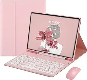 HENGHUI Keyboard Mouse for Galaxy Tab A7 Lite 8.7 inch Keyboard Case with Mouse Cute Round Key Color Keyboard Wireless Detachable BT Keyboard Cover,Pink