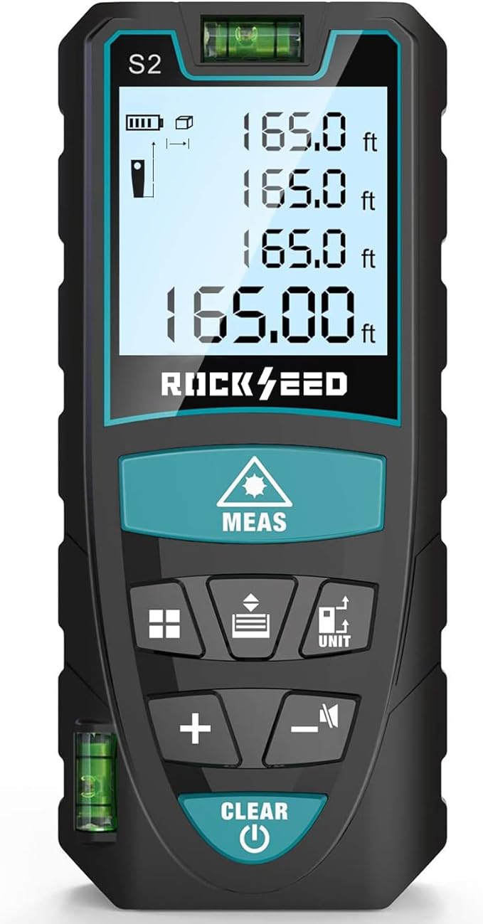 Laser Measure, RockSeed 165 Feet Digital Laser Distance Meter with 2 Bubble Levels,M/in/Ft Unit Switching Backlit LCD and Pythagorean Mode, Measure Distance, Area and Volume (165 Feet)