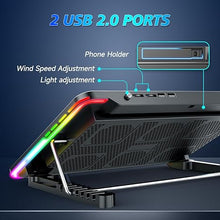 Load image into Gallery viewer, LIANGSTAR Laptop Cooling Pad, Laptop Cooler Gaming 5 Quiet Fans with Large Metal Plate for 12-17.3 Inch Fan Stable Stand, 4 Modes RGB Light, 7 Height &amp; Adjust Speed, 2 USB Port &amp; Phone Holder
