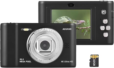 Acuvar 4K 50MP Digital Camera, Auto Focus Kids Camera Selfie with Front and Rear Dual Lenses, 32GB Card, 8X Digital Zoom, Compact Travel Vlogging Video Camera Gift for Kid Teen Beginner (Black)