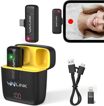 Load image into Gallery viewer, WAVLINK Wireless Lavalier Microphone for iPhone Android Vlog, Clip on Lapel Mic System &amp; Lightning &amp; USB-C Inputs &amp; Battery Case for YouTube Facebook Live, Video Recording(1*TX+1*RX)
