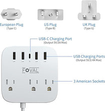 Load image into Gallery viewer, European Travel Plug Adapter, FOVAL EU UK US Power Strip with USB C and 4 USB Ports, 3 AC Outlets, Wall Mountable, 5ft Extension Cord, Compact for Travel, Cruise Ship, Home Office
