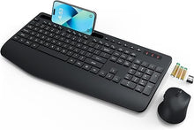 Load image into Gallery viewer, Wireless Keyboard and Mouse, Wrist Rest, Phone Holder, Batteries Included, 2.4G Lag-Free Ergonomic Keyboards Mouse Combo, Silent Keyboard Cordless Set for Computer, Laptop, PC, Mac, Windows -SABLUTE
