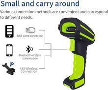 Load image into Gallery viewer, Symcode 2D Bluetooth Barcode Scanner with Wireless Charging Stand 1968 Feet Transmission Distance 433Mhz USB QR Automatic Barcode Scanner with Charging Base Shock Dust Proof Hands Free Green
