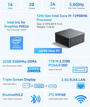 Load image into Gallery viewer, GD90 Mini PC, 12th Gen Intel i9-12900HK(14C/20T), 32GB DDR4 RAM 1TB SSD Desktop Mini Computers, 4K Triple Display Small Computer HDMI+DP+USB-C, Micro PC WiFi6E/BT5.2/2.5G LAN for Home/Office
