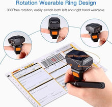 Load image into Gallery viewer, Eyoyo QR Finger Ring Barcode Scanner Bluetooth, USB Wired &amp; 2.4G Wireless 3-in-1 Mini Wearable Scanner, Image 1D 2D Bar Code Reader PDF417 Data Matrix Screen Scan for iPad, Smartphone, PC
