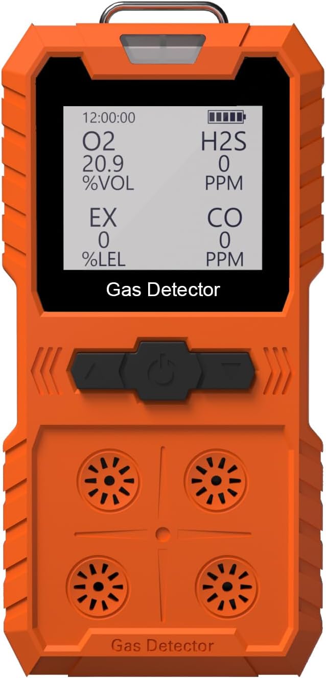 4 Gas Detector, detectable CO,O2,H2S,EX, Rechargeable LCD Display Portable Gas Monitor Sound, Light and Vibration Alarm Gas Sniffer(Orange)