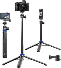 Load image into Gallery viewer, Selfie Stick Tripod for Gopro Camera, 62" Extendable Tripod Stand with 360° Ball Head 1/4" Screw, Portable Lightweight Camera Tripod for GoPro Max Hero 11 10 9 8 7 6 5 DJI OSMO Action Camera
