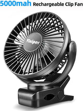 Load image into Gallery viewer, Viniper 6 inch Rechargeable Clip on Fan, 5000mah Battery Desk Fan : 360° Rotation &amp; 3 Speeds Strong Wind Portable Fan, 8-30 Working Hours, Quiet and Powerful (Black)
