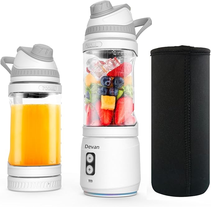 Portable Blender, Anti-Jamming 300 Watt for Shakes and Smoothies, 24oz Travel Blender USB Rechargeable, BPA Free Sporty bottle with a Travel Lid. (White with Insulated Sleeve)