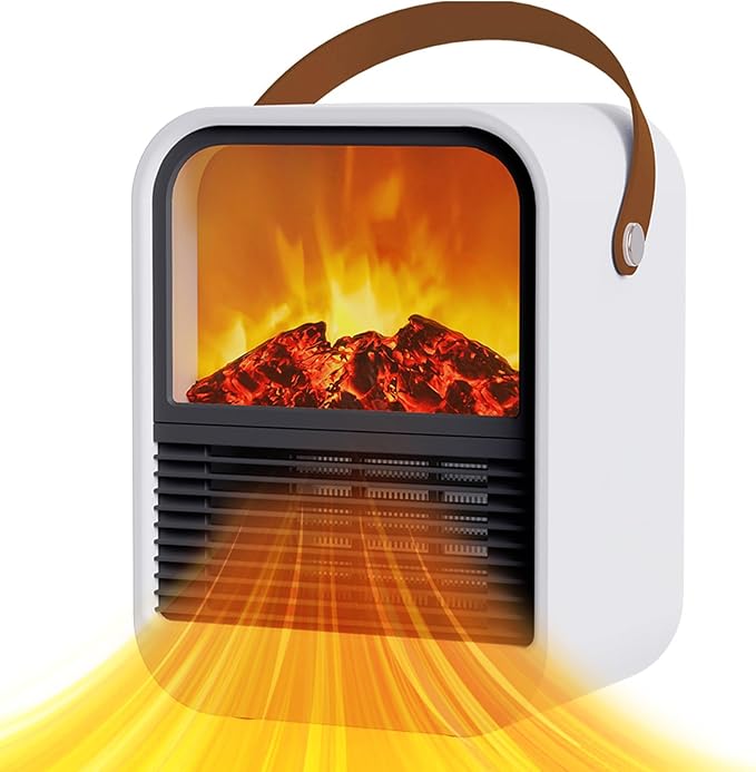 Portable Mini Electric Fireplace Heater,Small Room Space Heaters for Indoor Use with 3D Flames,PTC Ceramic Heater, Desk Space Heater for Bedroom,Bathroom and Office Quiet Small(White)
