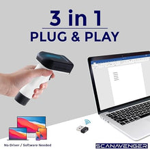 Load image into Gallery viewer, ScanAvenger Wireless Portable 1D&amp;2D with Stand Bluetooth Barcode Scanner: Hand Scanner 3-in-1, Cordless, Rechargeable Scan Gun for Inventory - USB Bar Code/QR Reader (1D&amp;2D Upgraded Next Gen Stand)
