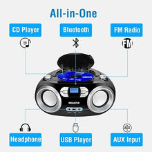 Load image into Gallery viewer, MEGATEK Portable CD Player Boombox with FM Radio, Bluetooth, and USB Port | Clear Stereo Sound | CD-R/RW and MP3 CDs Compatible | 3.5mm Aux Input and Headphone Jack | Backlit LCD Display - Black
