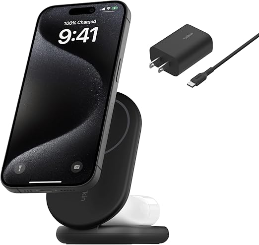 Belkin MagSafe-Compatible iPhone Charger, 2-in-1 Magnetic Foldable Charger 15W - Qi2-Certified Wireless Charger for Apple iPhone 16, iPhone 15 w/Non-Slip Base, PSU Included - Black