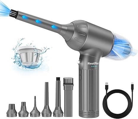 RealPlus 4 in 1 Compressed Air Duster & Vacuum Cleaner & Pump, 12000Pa 7500mAh 3 Speeds Rechargeable Brushless Electric Duster, Cordless Air Blower with LED Light for Keyboard Computer PC Car