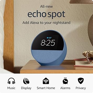 All-new Amazon Echo Spot (newest model), Smart alarm clock with vibrant sound + Alexa, Ocean Blue