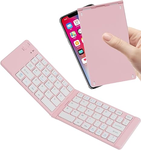 Wireless Keyboard Pink Foldable Bluetooth Keyboard Slim Small Quiet Portable Compact Handheld Full Size Pocket Travel Folding Keyboard for PC Laptop Computer Phone Samsung Tablet iPhone iPad Mac