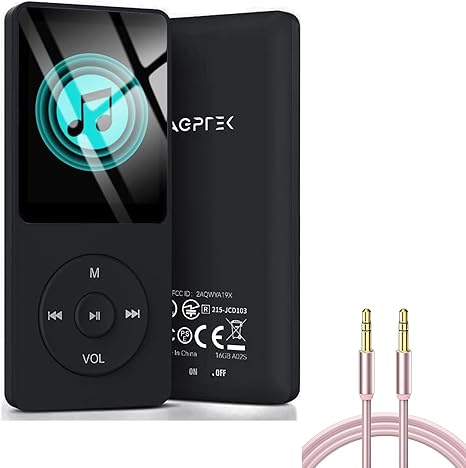 AGPTEK A02S MP3 Player Black + Aux Audio Cable