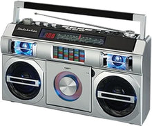 Load image into Gallery viewer, Studebaker SB2149S Master Blaster Bluetooth Boombox with 3 Way Power, AM/FM Radio, USB Port, CD Player with MP3 Playback, LED EQ and 10 Watts RMS Power in Silver
