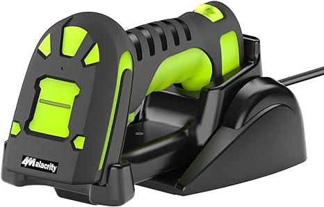 Alacrity Upgraded 2D Industrial Barcode Scanner with Wireless Charging Stand, 1968 Feet Transmission Distance 433Mhz Wireless & Bluetooth 2in1 Barcode Reader, Shock Dust Proof Hands Free, Green